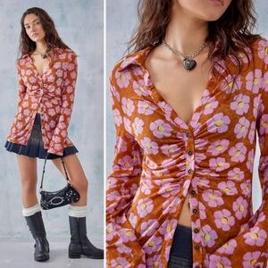 Free People Lucky Mesh Floral Button-Up Blouse